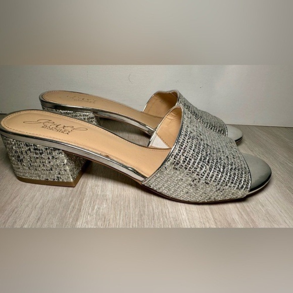 Jewel Badgley Mischka Slide Sandals sz 7.5 Silver Excellent Crystal Block Heel